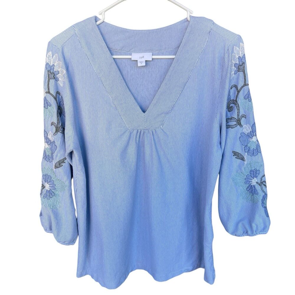 J‎ Jill Blouse Womens Medium Floral Embroidered Striped Cotton Boho Cottagecore